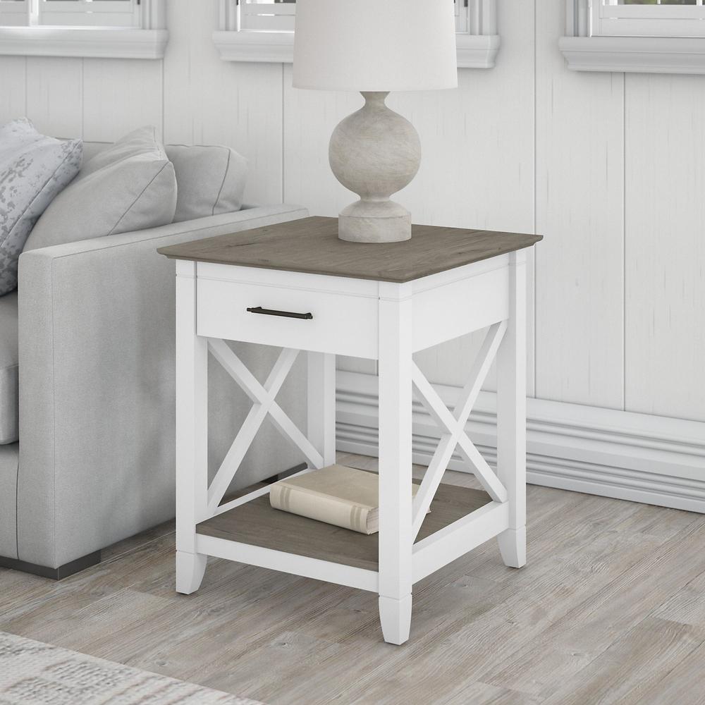 Key West End Table with Storage in Pure White and Shiplap Gray. Picture 3