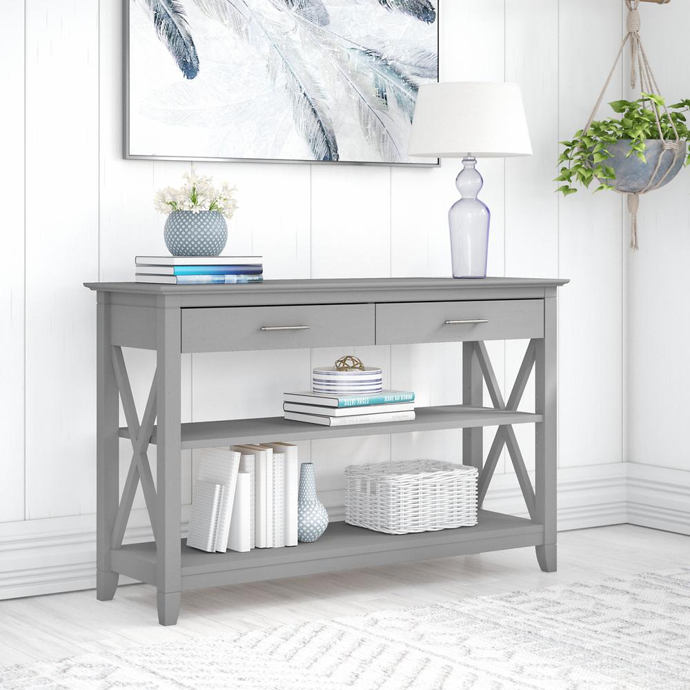 Key West Console Table with Drawers and Shelves in Cape Cod Gray. Picture 2