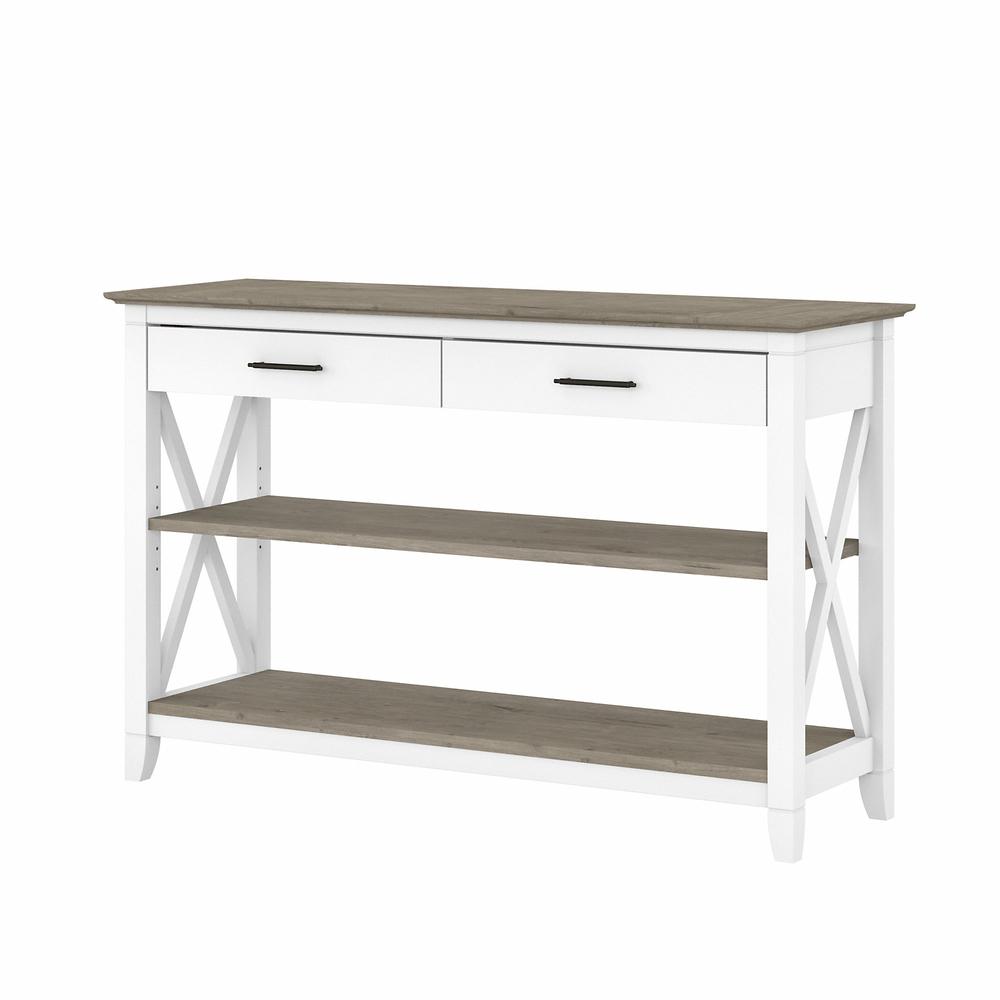 Key West Console Table with Drawers and Shelves in Pure White and Shiplap Gray. Picture 1