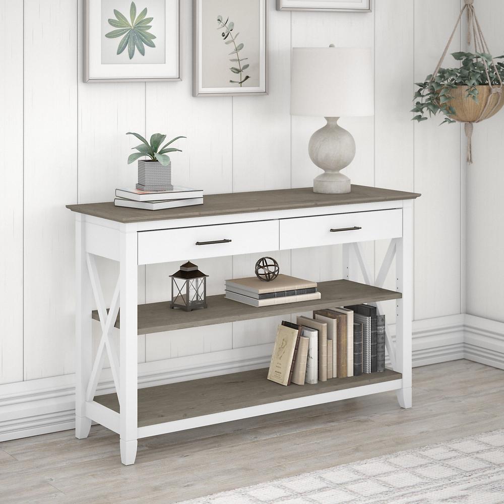 Key West Console Table with Drawers and Shelves in Pure White and Shiplap Gray. Picture 2