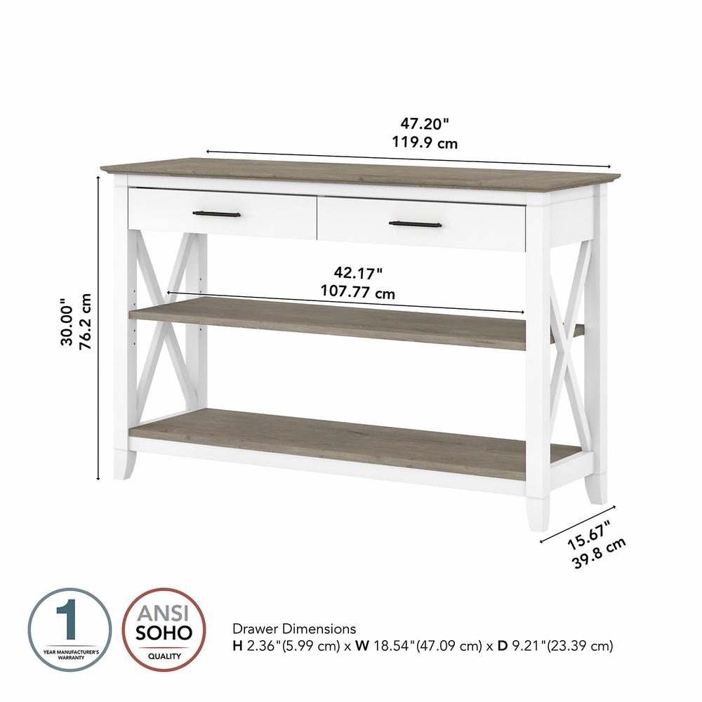 Key West Console Table with Drawers and Shelves in Pure White and Shiplap Gray. Picture 5
