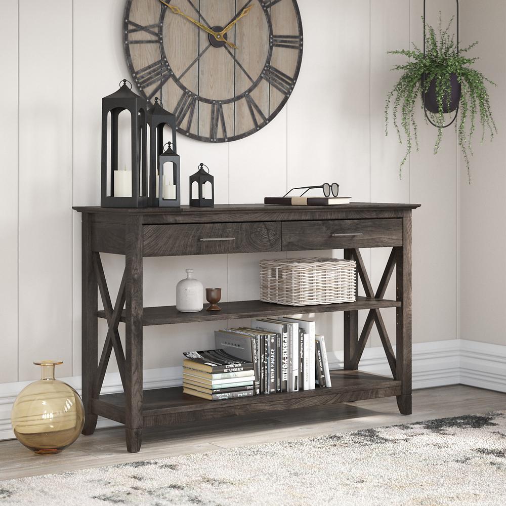 Key West Console Table with Drawers and Shelves in Dark Gray Hickory. Picture 2