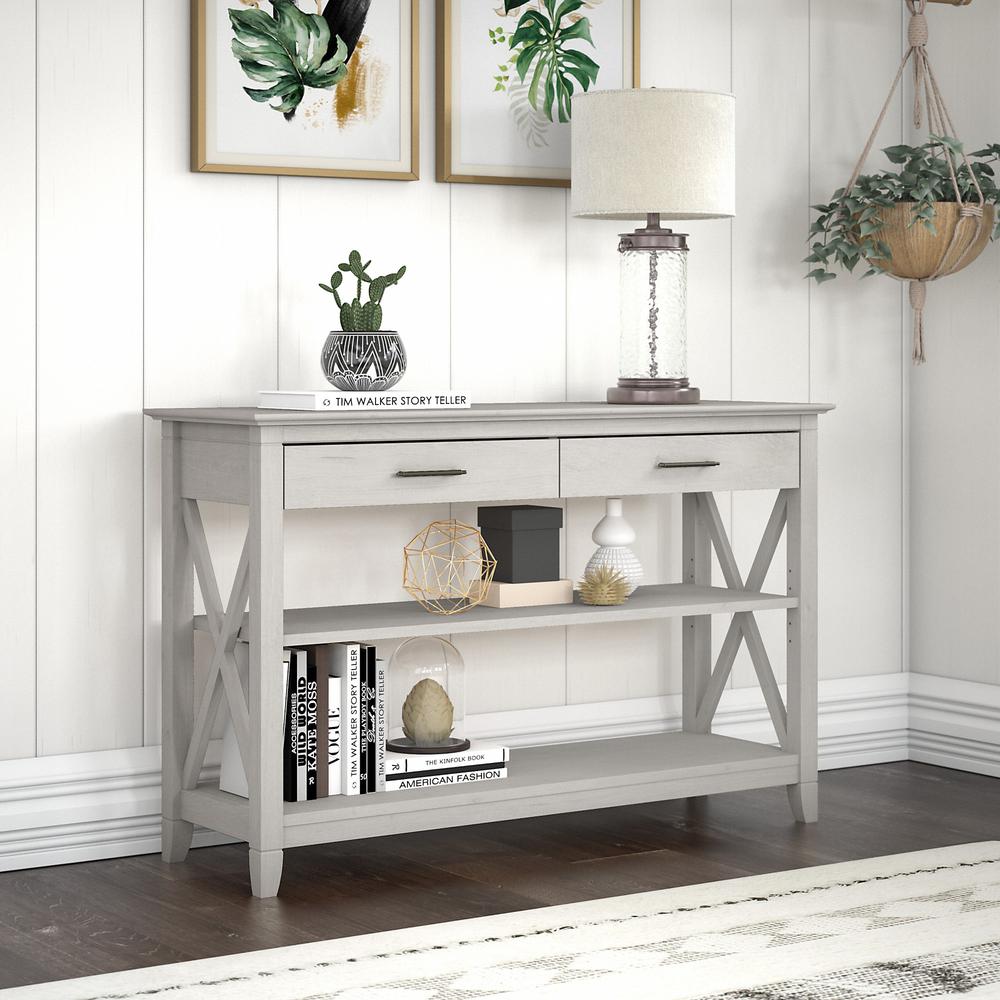 Key West Console Table with Drawers and Shelves in Linen White Oak. Picture 2