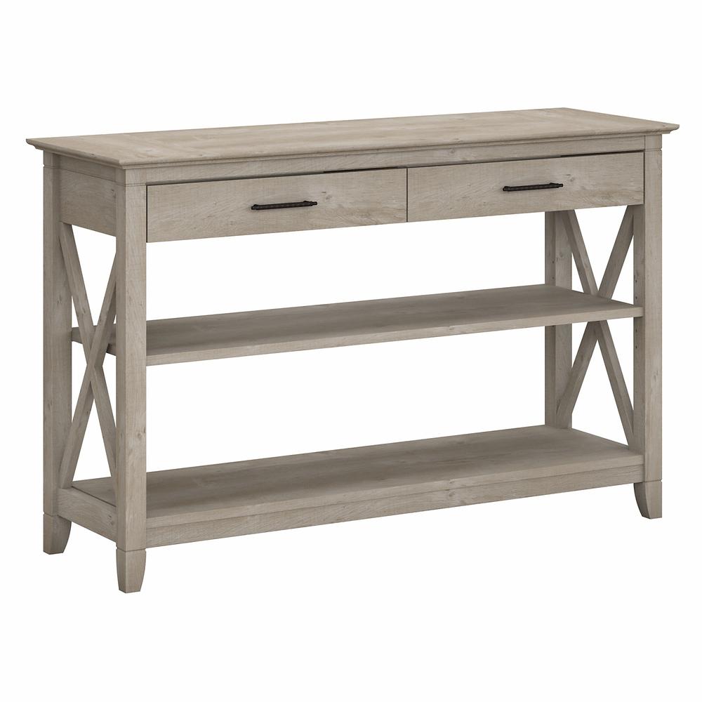 Key West Console Table with Drawers and Shelves in Washed Gray. Picture 1