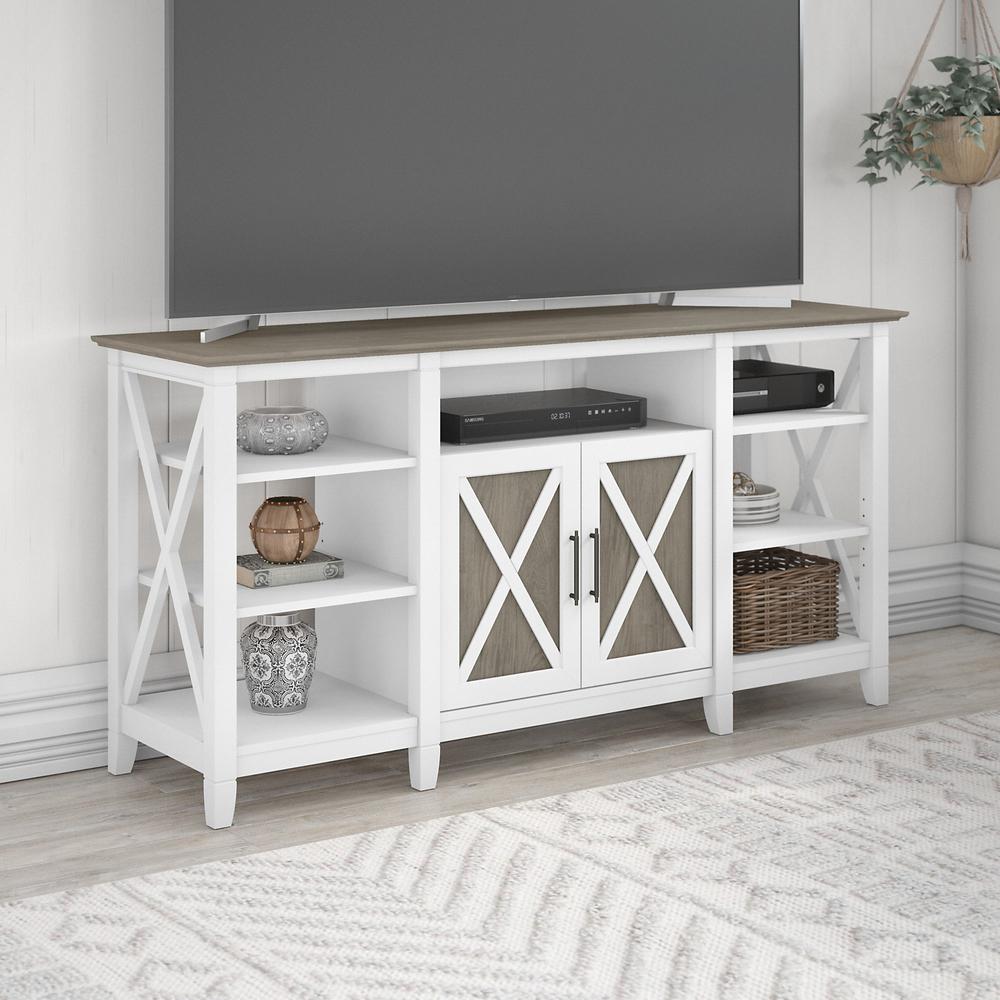 Key West Tall TV Stand for 65 Inch TV in Pure White and Shiplap Gray. Picture 2