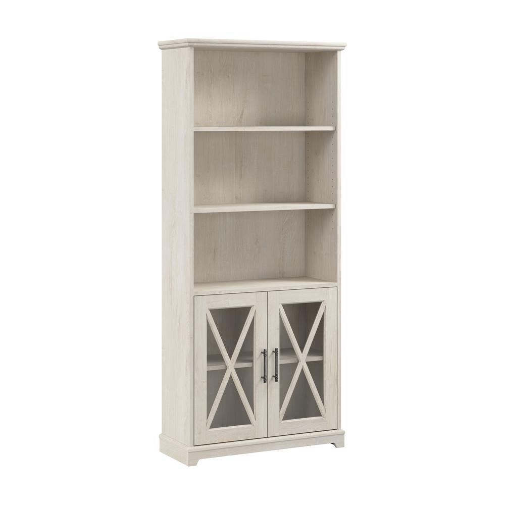 Farmhouse 5 Shelf Bookcase with Glass Doors in Linen White Oak. Picture 1