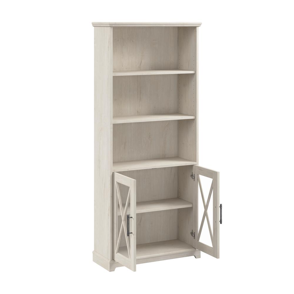 Farmhouse 5 Shelf Bookcase with Glass Doors in Linen White Oak. Picture 3
