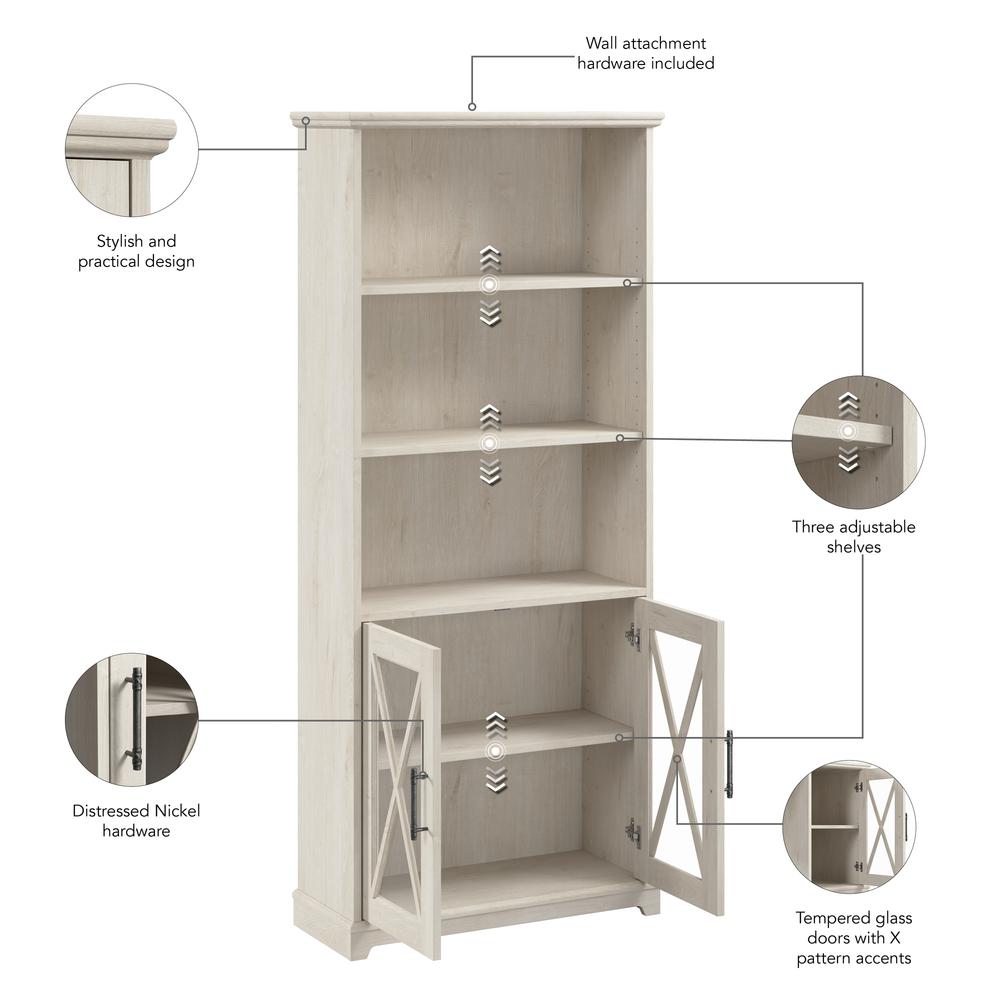 Farmhouse 5 Shelf Bookcase with Glass Doors in Linen White Oak. Picture 6
