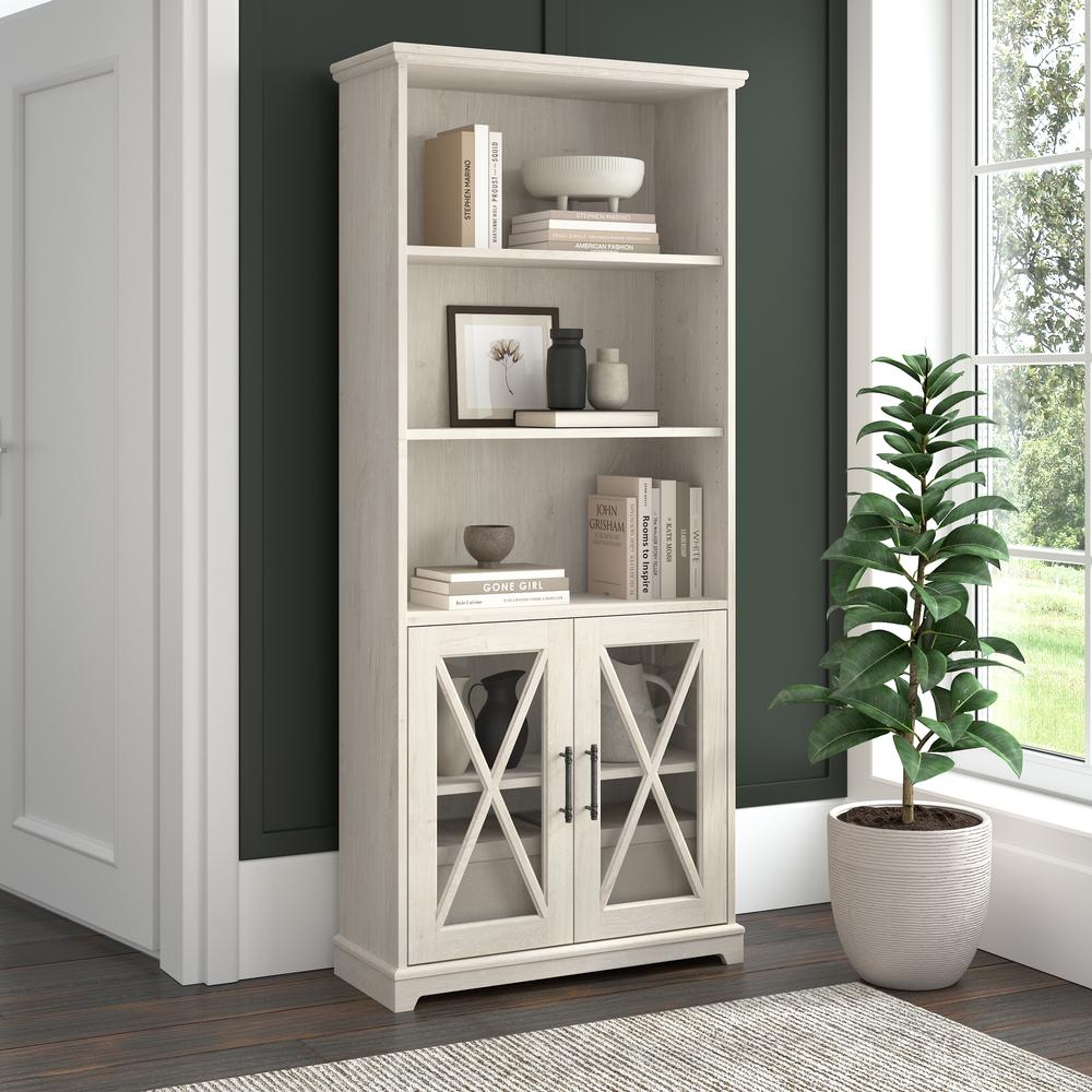 Farmhouse 5 Shelf Bookcase with Glass Doors in Linen White Oak. Picture 7