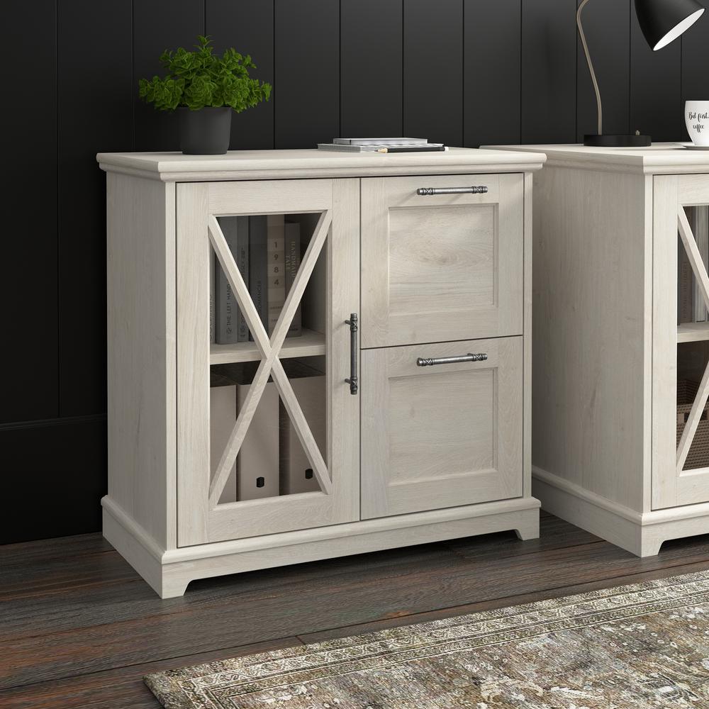Farmhouse 2 Drawer Lateral File Cabinet with Shelves in Linen White Oak. Picture 7