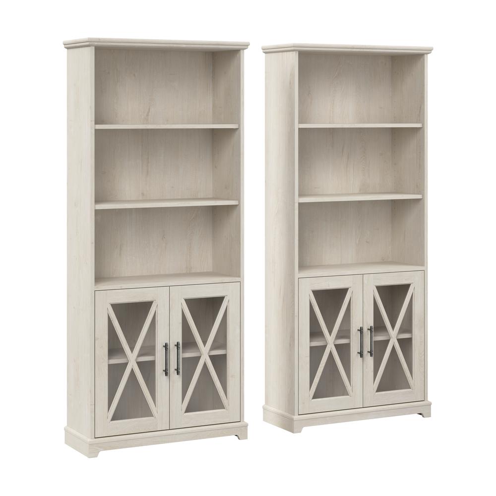 Farmhouse 5 Shelf Bookcase with Glass Doors - Set of 2 in Linen White Oak. Picture 1