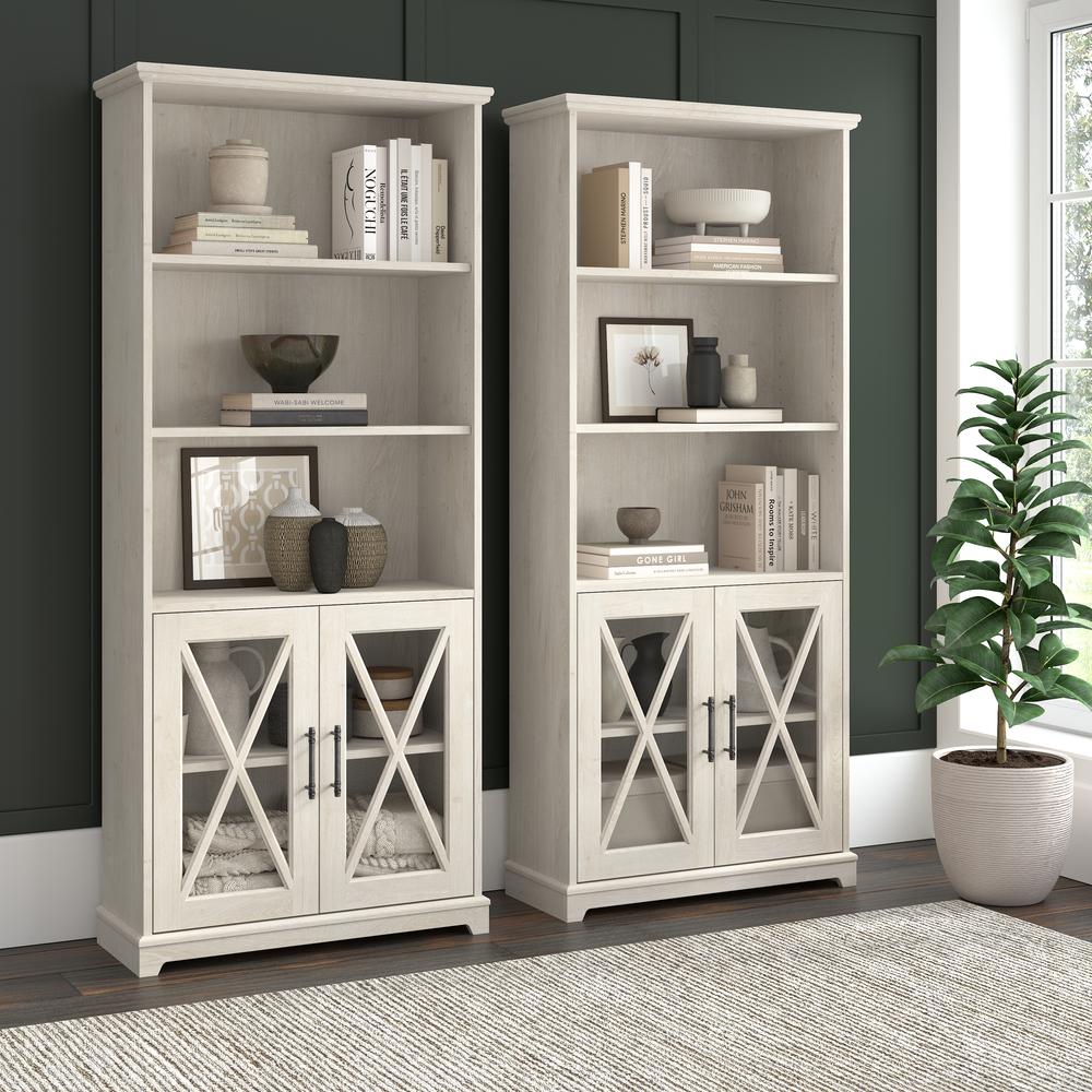 Farmhouse 5 Shelf Bookcase with Glass Doors - Set of 2 in Linen White Oak. Picture 7