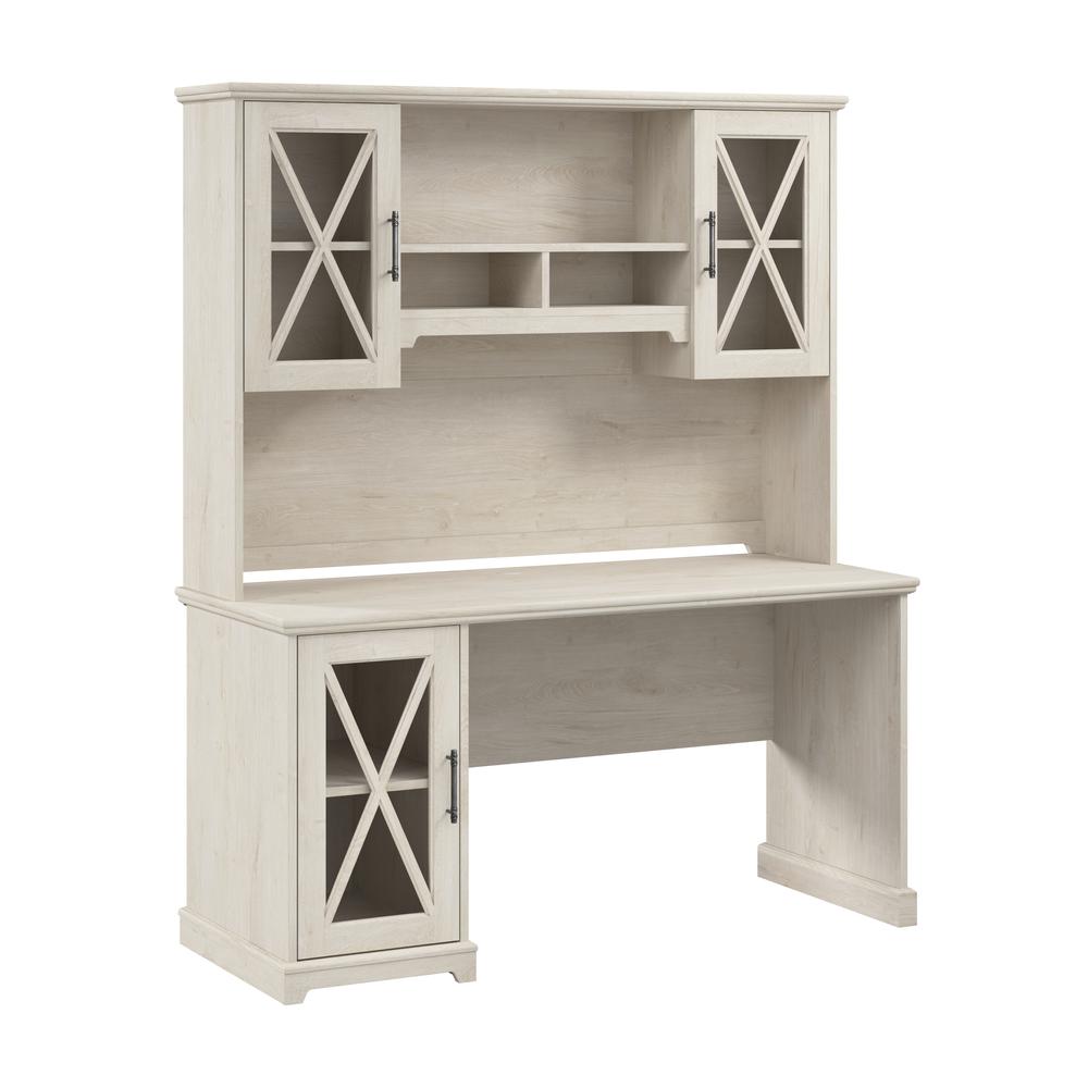 60W Farmhouse Desk with Hutch and Storage Cabinet in Linen White Oak. Picture 1