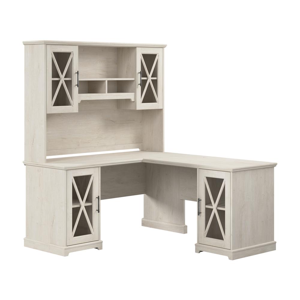 60W Farmhouse L Shaped Desk with Hutch and Storage Cabinets in Linen White Oak. Picture 1
