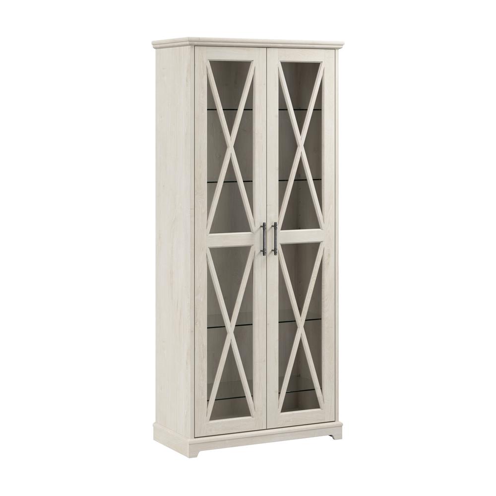 Farmhouse Curio Cabinet with Glass Doors and Shelves in Linen White Oak. The main picture.