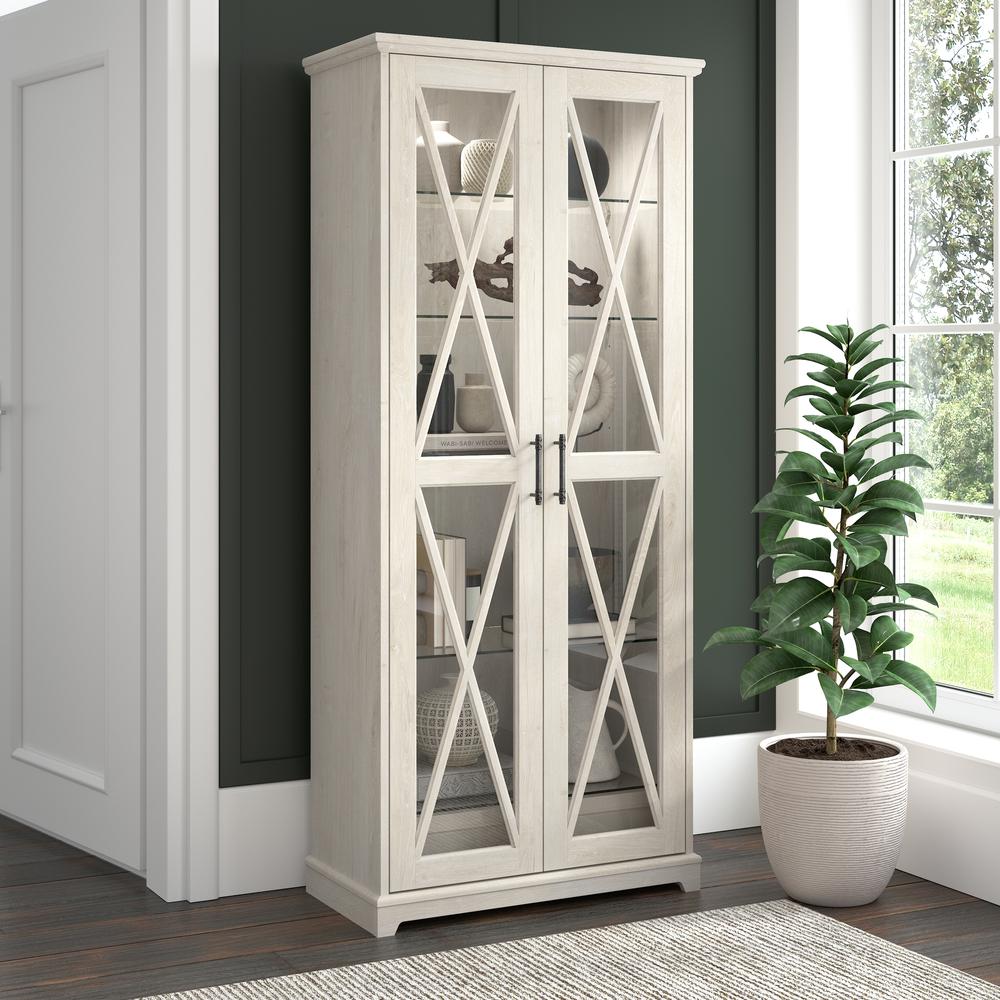 Farmhouse Curio Cabinet with Glass Doors and Shelves in Linen White Oak. Picture 7