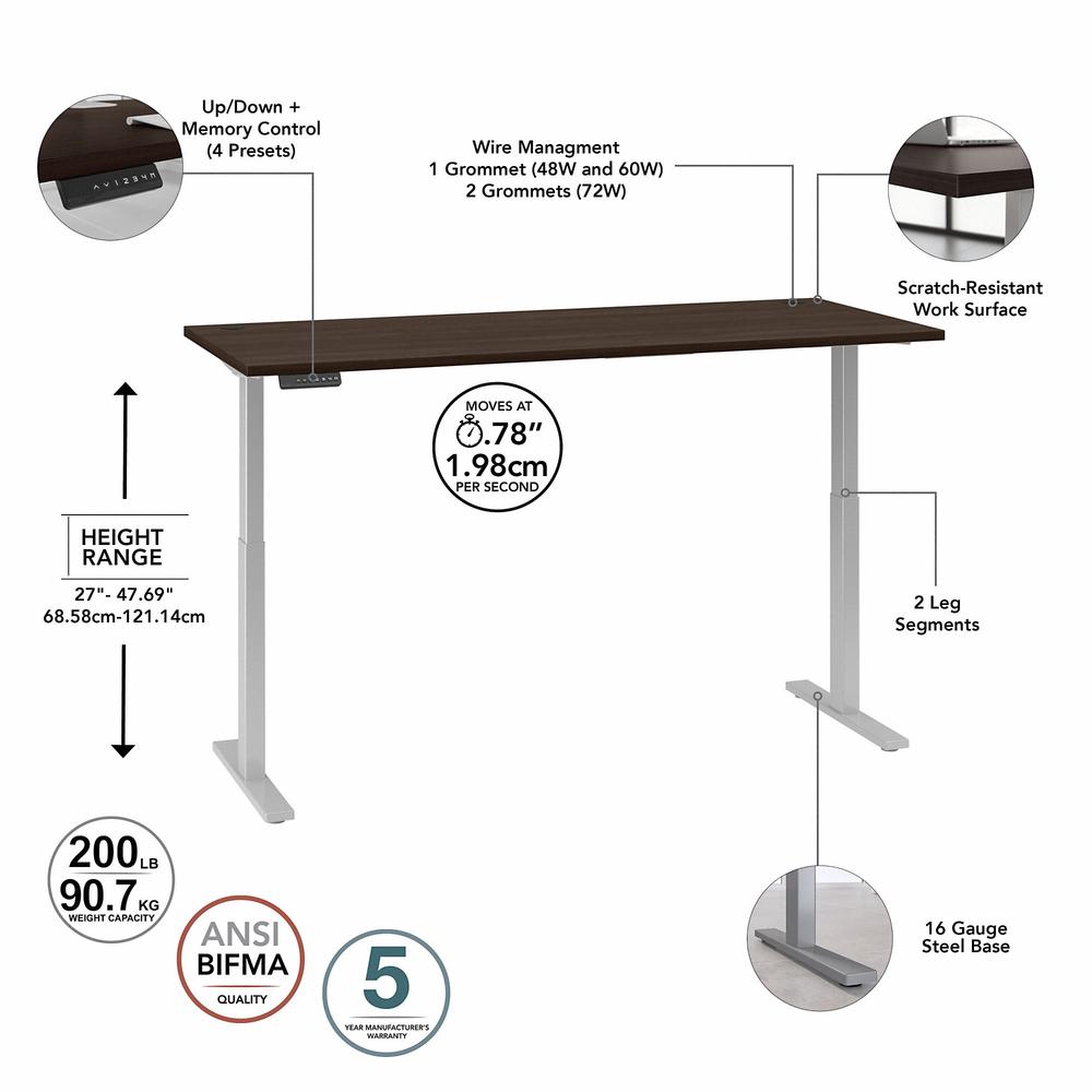 Move 60 Series by Bush Business Furniture 72W x 30D Electric Height Adjustable Standing Desk - Black Walnut/Cool Gray Metallic. Picture 2