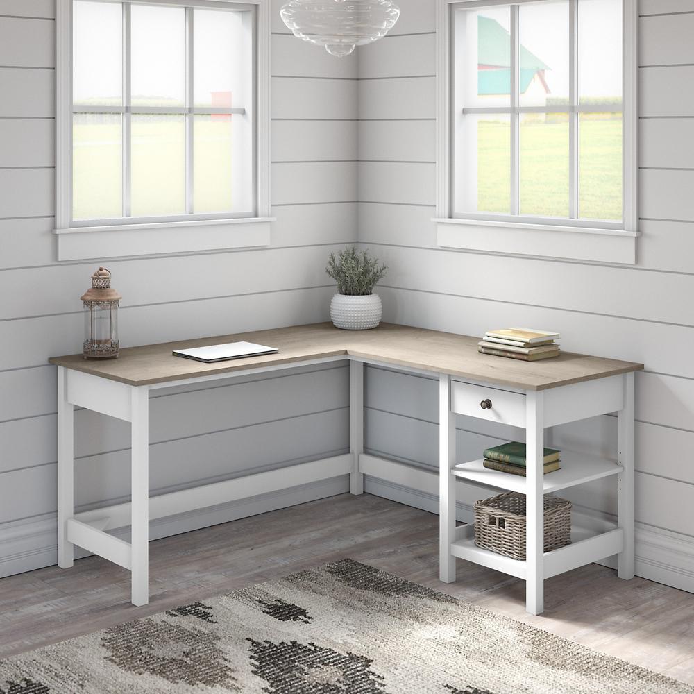 Bush Furniture Mayfield 60W L Shaped Computer Desk with Storage, Shiplap Gray/Pure White. Picture 2