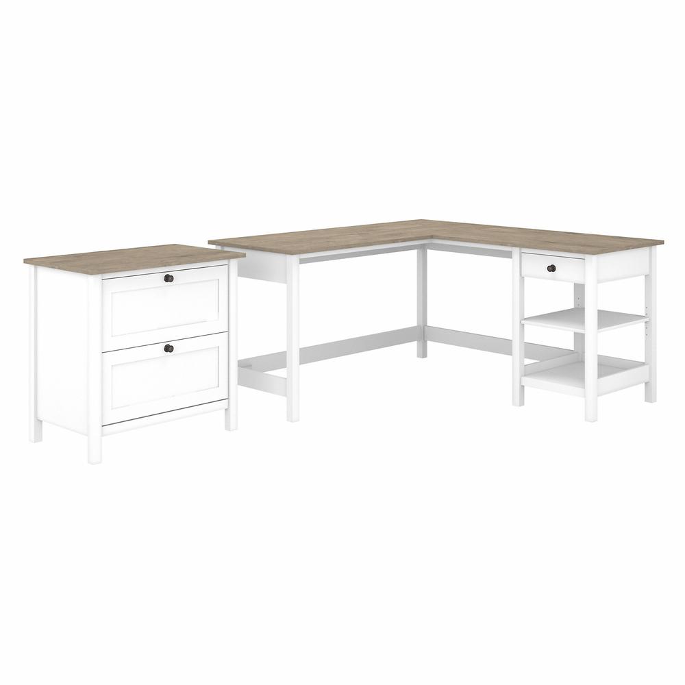 Bush Furniture Mayfield 60W L Shaped Computer Desk with 2 Drawer Lateral File Cabinet, Shiplap Gray/Pure White. Picture 1