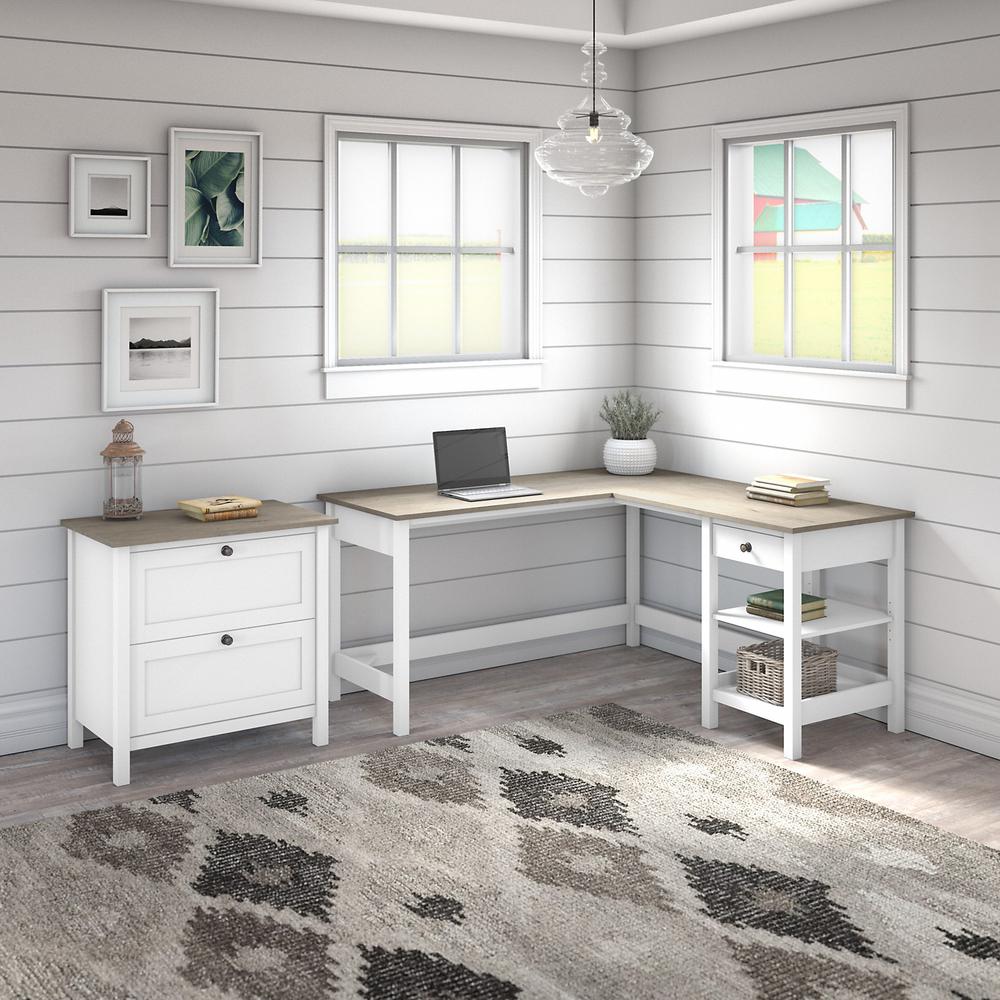 Bush Furniture Mayfield 60W L Shaped Computer Desk with 2 Drawer Lateral File Cabinet, Shiplap Gray/Pure White. Picture 2