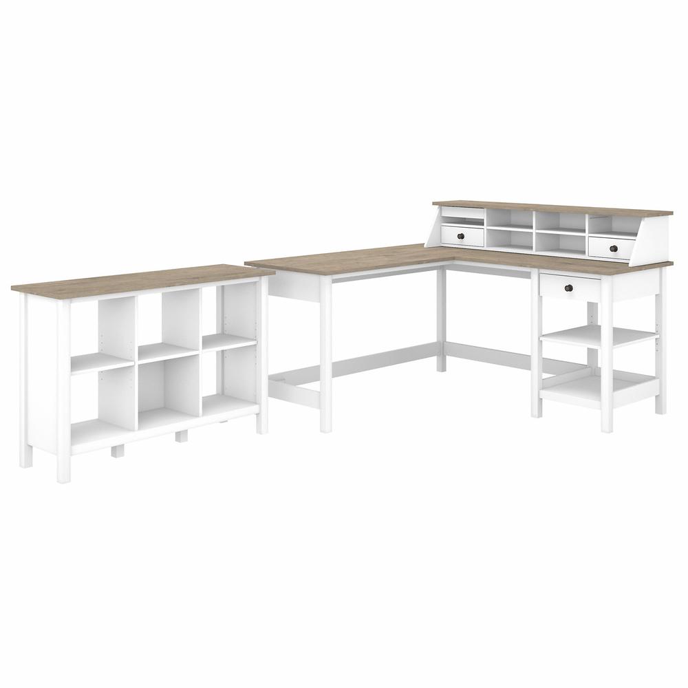 Bush Furniture Mayfield 60W L Shaped Computer Desk with Desktop Organizer and 6 Cube Bookcase, Shiplap Gray/Pure White. Picture 1