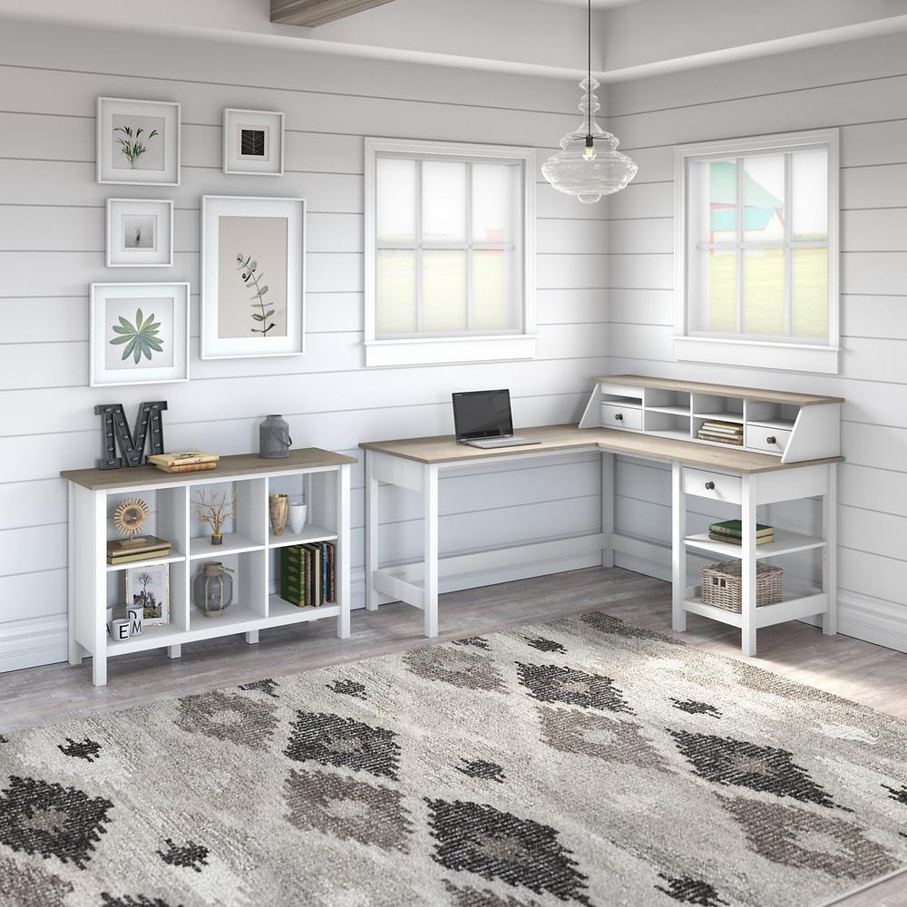 Bush Furniture Mayfield 60W L Shaped Computer Desk with Desktop Organizer and 6 Cube Bookcase, Shiplap Gray/Pure White. Picture 2