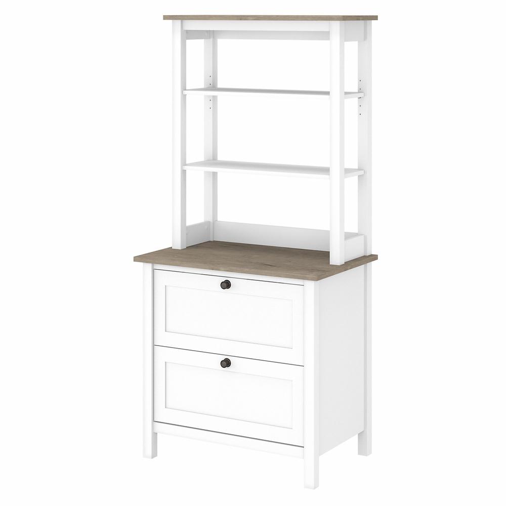 Bush Furniture Mayfield Bookcase with Drawers in Pure White and Shiplap Gray. Picture 1