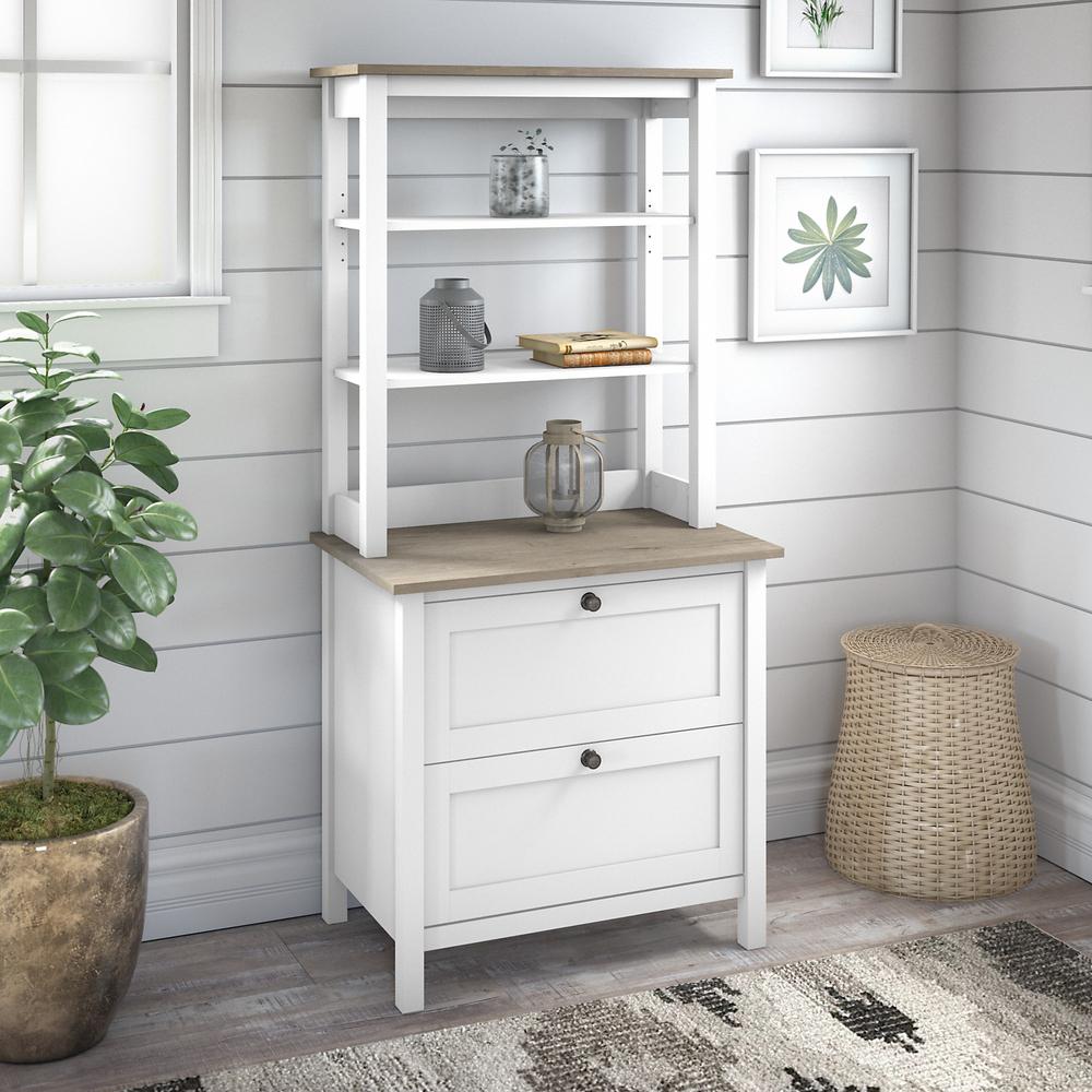 Bush Furniture Mayfield Bookcase with Drawers in Pure White and Shiplap Gray. Picture 2