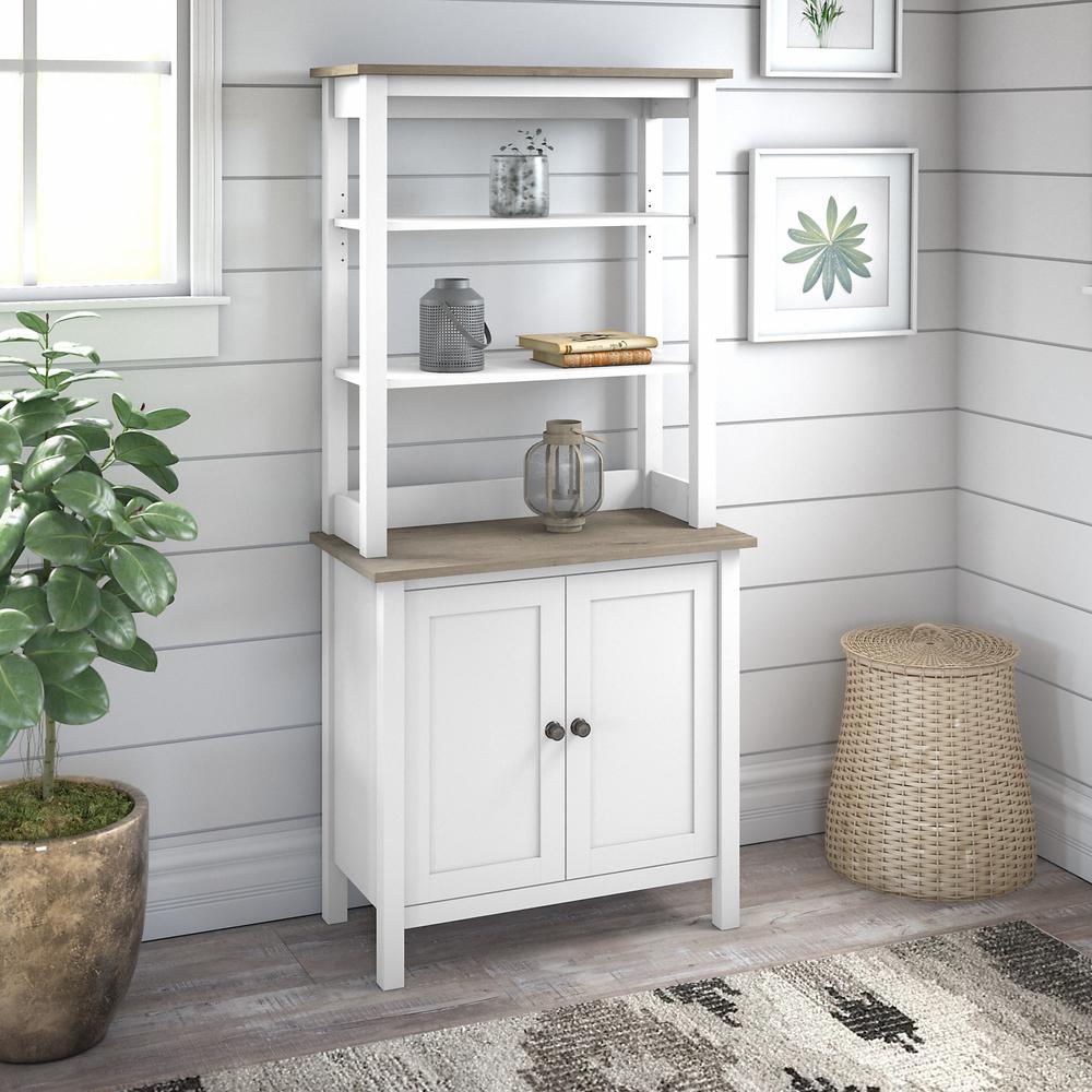 Bush Furniture Mayfield 5 Shelf Bookcase with Doors in Pure White and Shiplap Gray. Picture 2