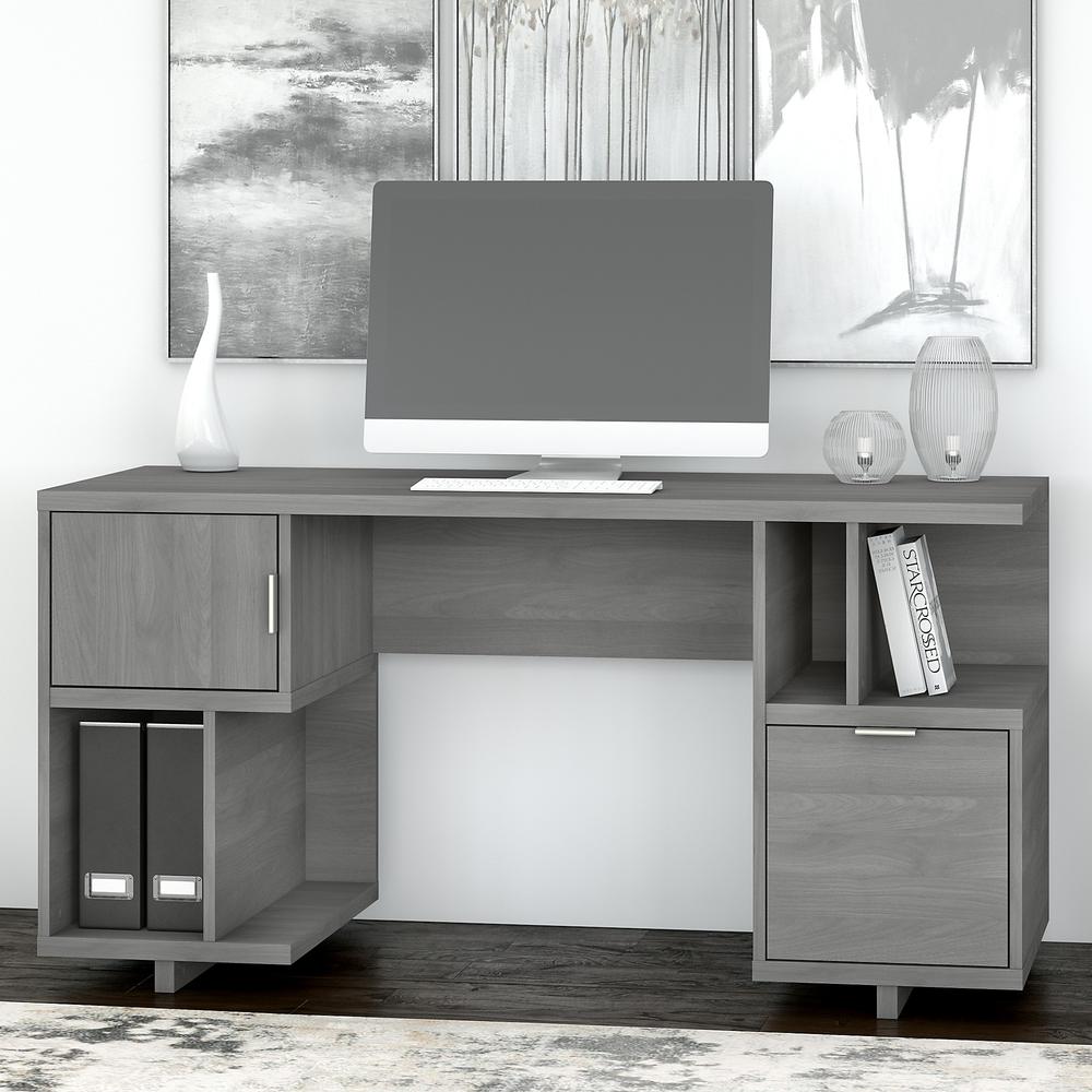 Madison Avenue 60W Computer Desk with Drawer, Storage Shelves and Door, Modern Gray. Picture 2