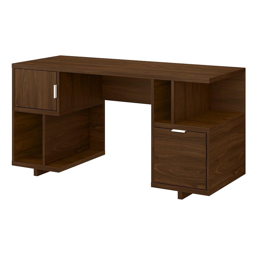 Madison Avenue 60W Computer Desk with Drawer, Storage Shelves and Door, Modern Walnut. Picture 1