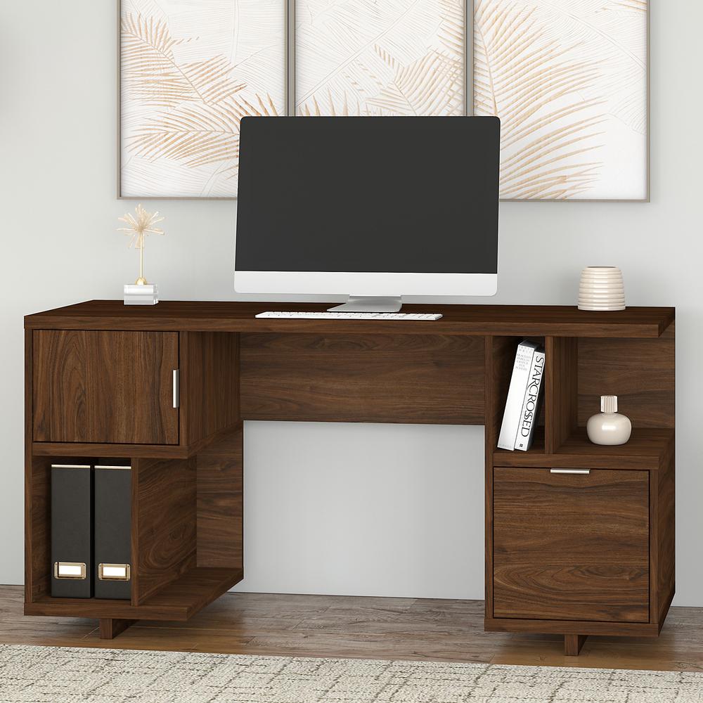 Madison Avenue 60W Computer Desk with Drawer, Storage Shelves and Door, Modern Walnut. Picture 2