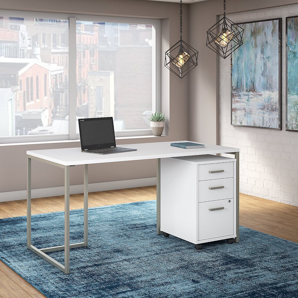Office by kathy ireland® Method 60W Table Desk with 3 Drawer Mobile File Cabinet, White. Picture 2