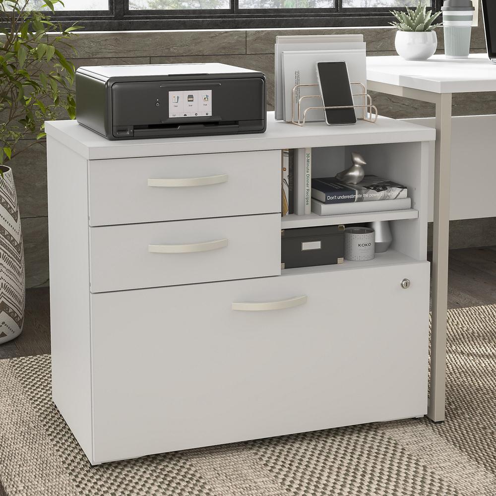 Bush Business Furniture Hybrid Office Storage Cabinet with Drawers and Shelves - White. Picture 2