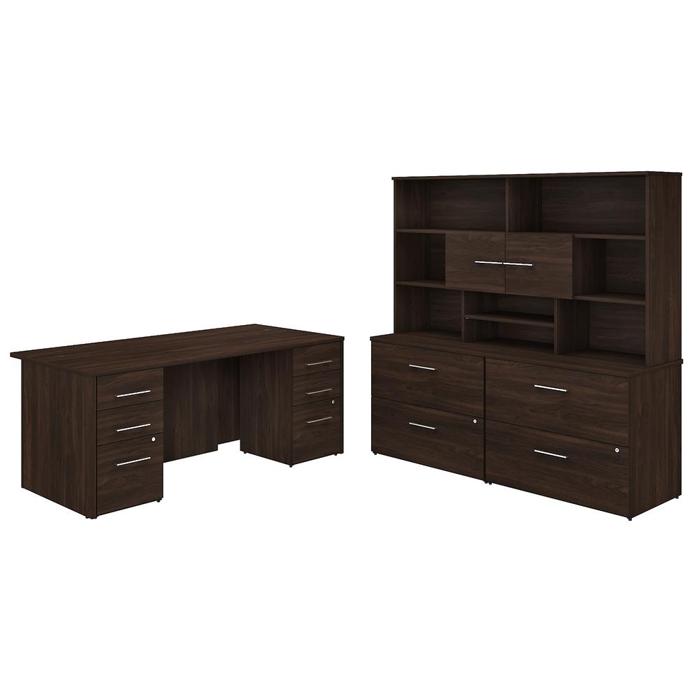 Bush Business Furniture Office 500 72W x 36D Executive Desk with Drawers, Lateral File Cabinets and Hutch, Black Walnut. Picture 1