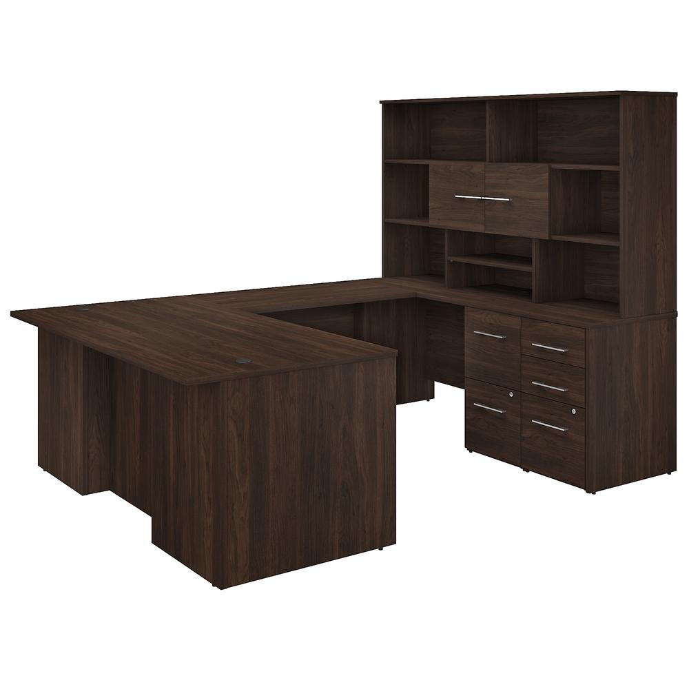 Bush Business Furniture Office 500 72W U Shaped Executive Desk with Drawers and Hutch, Black Walnut. Picture 1