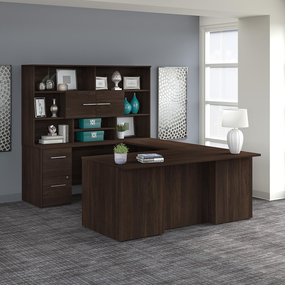 Bush Business Furniture Office 500 72W U Shaped Executive Desk with Drawers and Hutch, Black Walnut. Picture 2