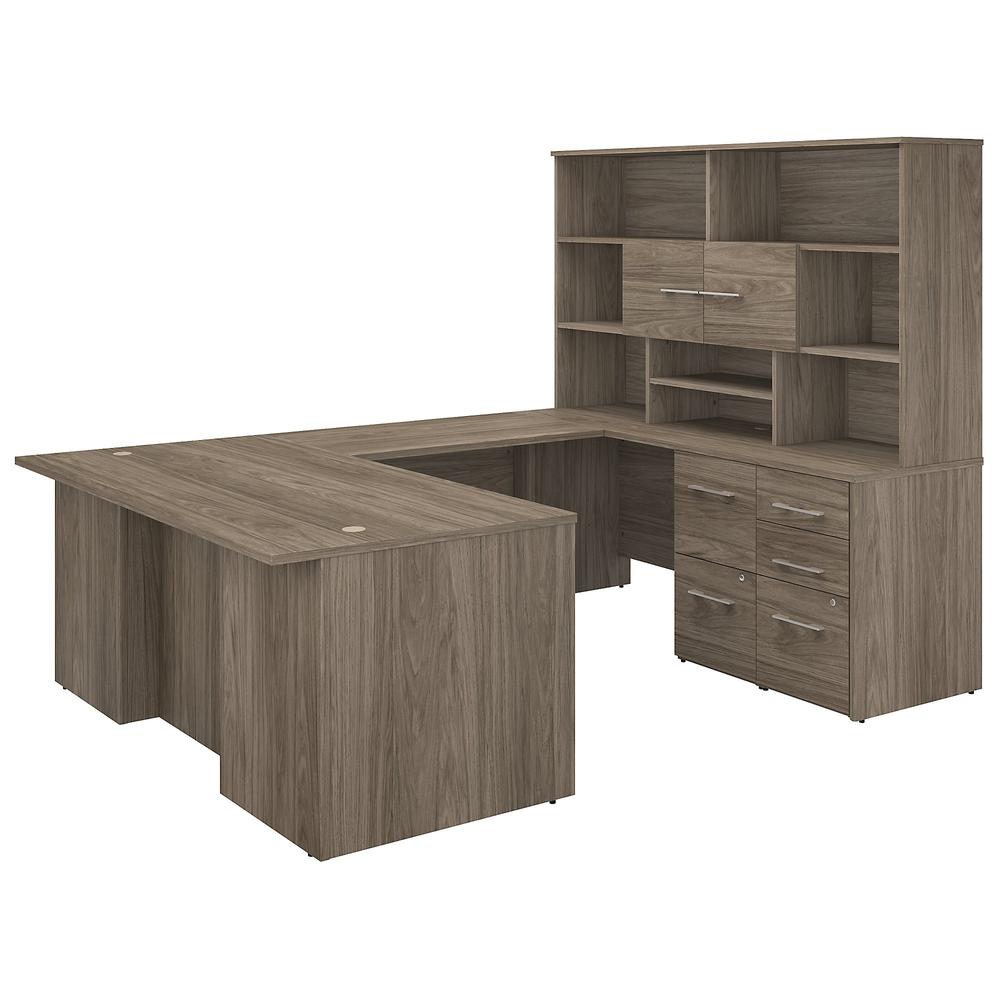 Bush Business Furniture Office 500 72W U Shaped Executive Desk with Drawers and Hutch, Modern Hickory. Picture 1