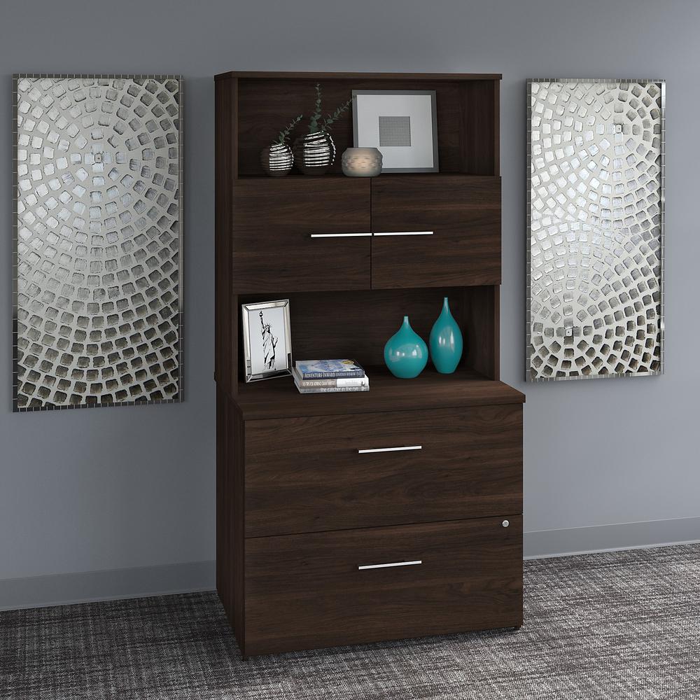 Bush Business Furniture Office 500 36W 2 Drawer Lateral File Cabinet with Hutch, Black Walnut. Picture 2