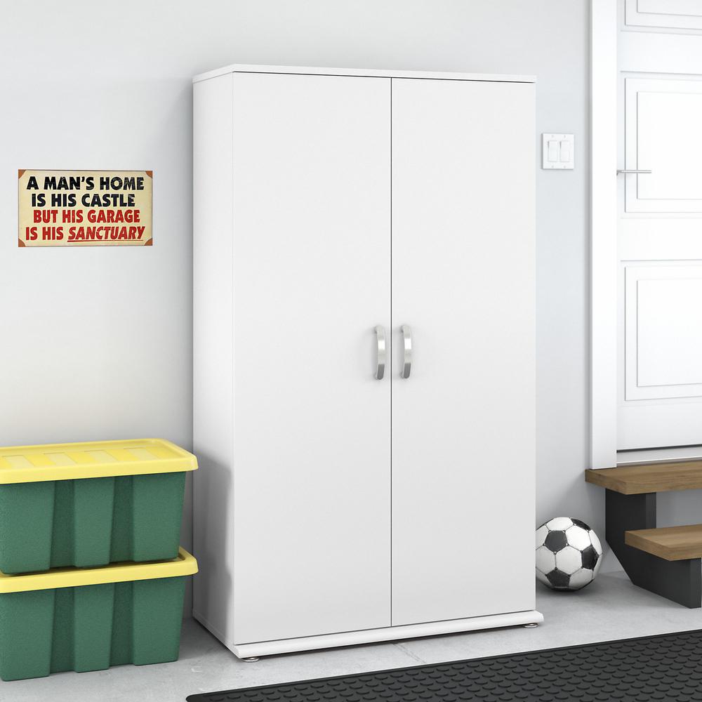 Bush Business Furniture Universal Tall Garage Storage Cabinet with Doors and Shelves - White. Picture 2