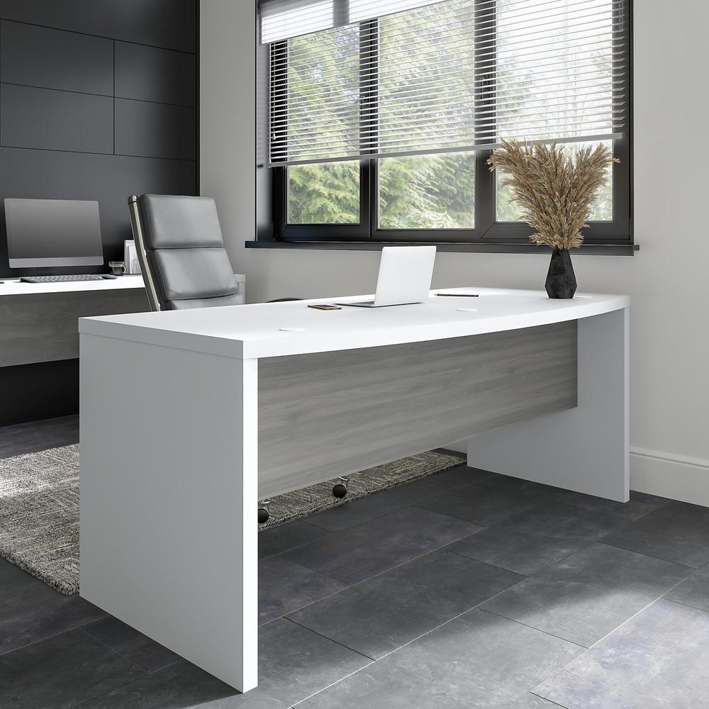Echo 72W Bow Front Desk in Pure White and Modern Gray. Picture 2