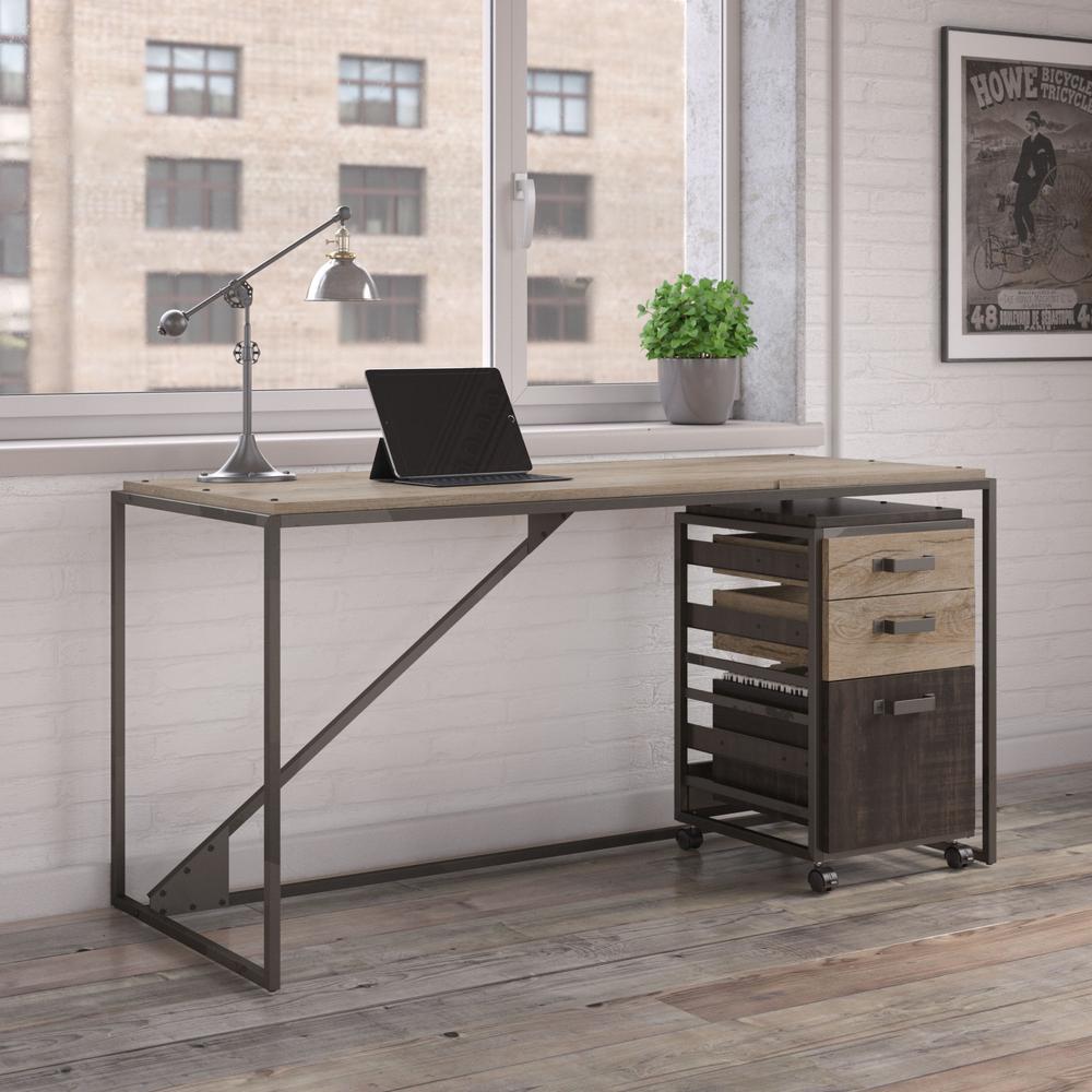 62W Industrial Desk with 3 Drawer Mobile File Cabinet in Rustic Gray. Picture 5