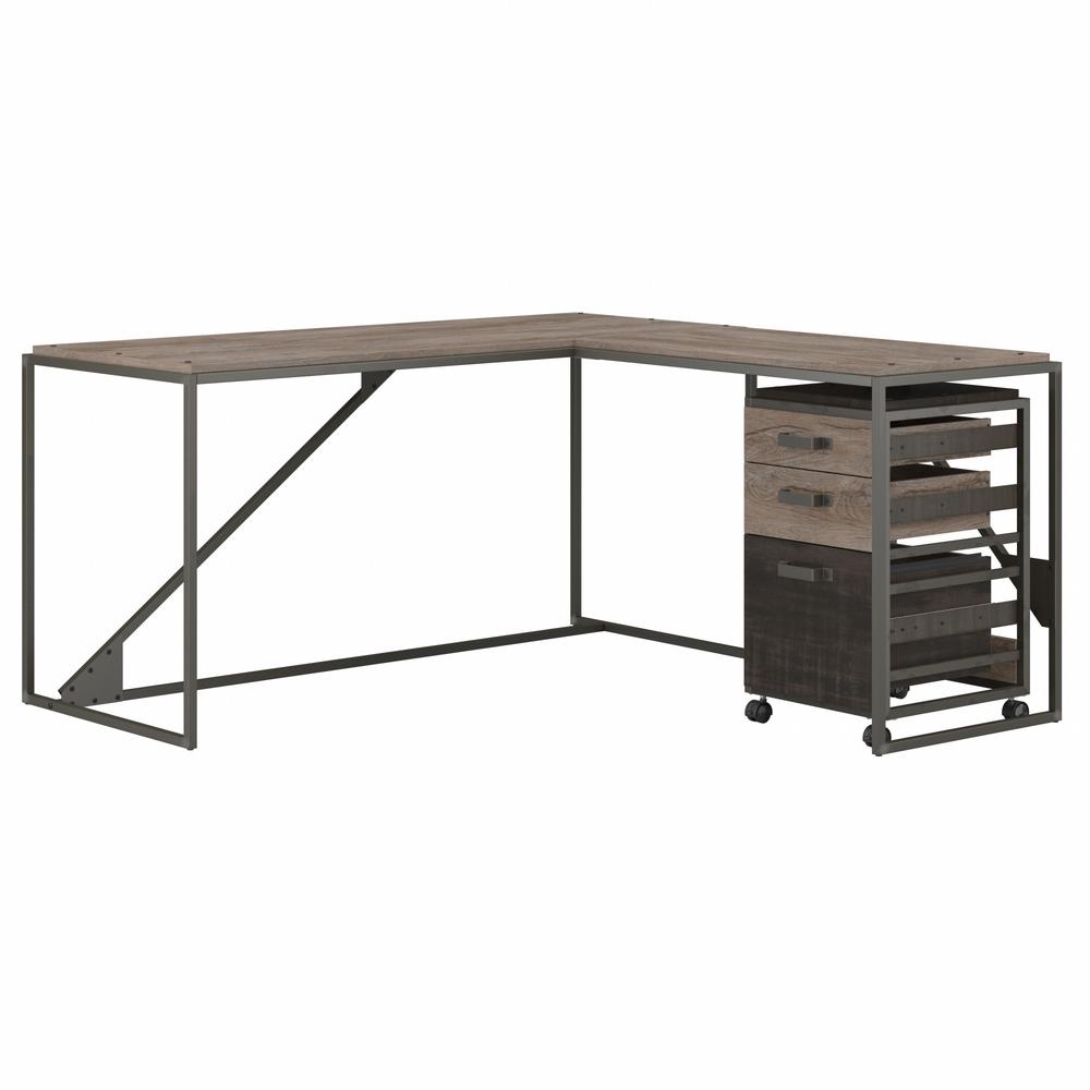 62W L Shaped Industrial Desk with 3 Drawer Mobile File Cabinet in Rustic Gray. Picture 1