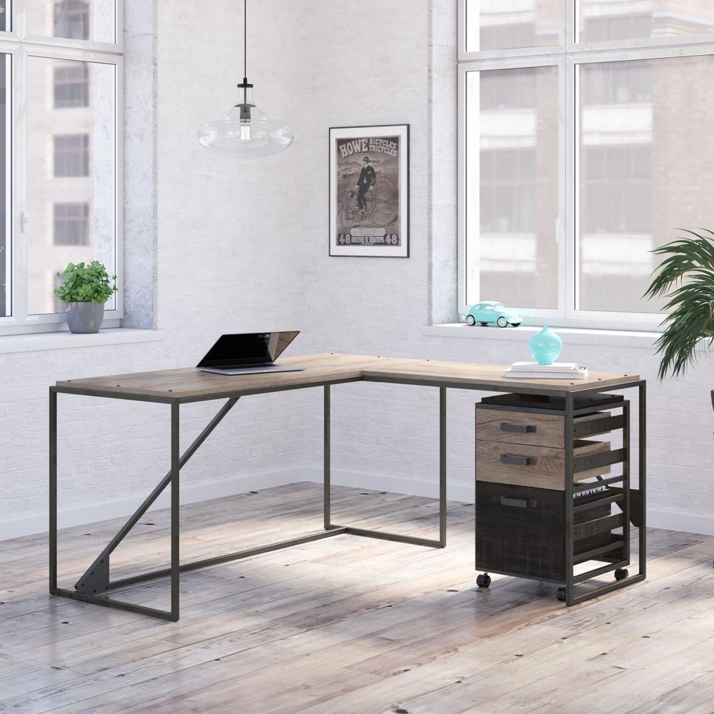 62W L Shaped Industrial Desk with 3 Drawer Mobile File Cabinet in Rustic Gray. Picture 10