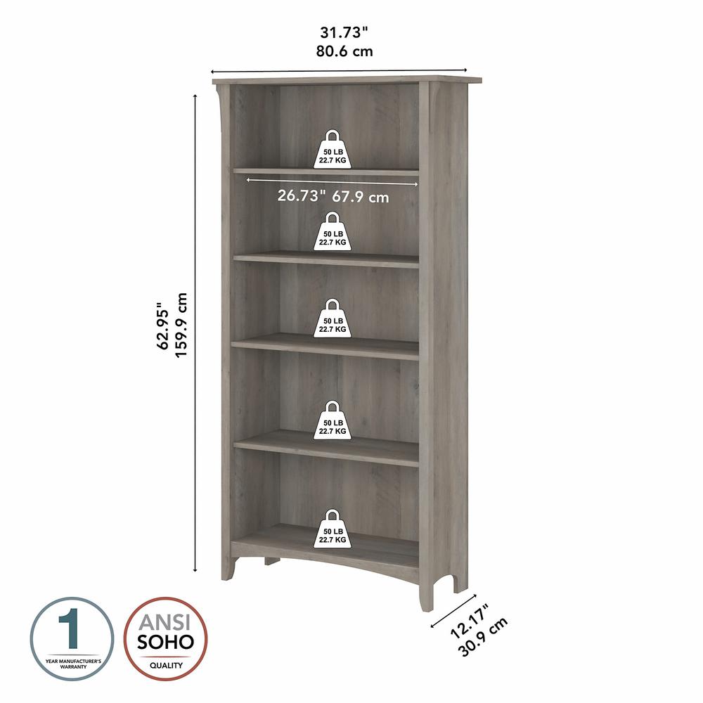 Bush Furniture Salinas Tall 5 Shelf Bookcase in Driftwood Gray. Picture 5