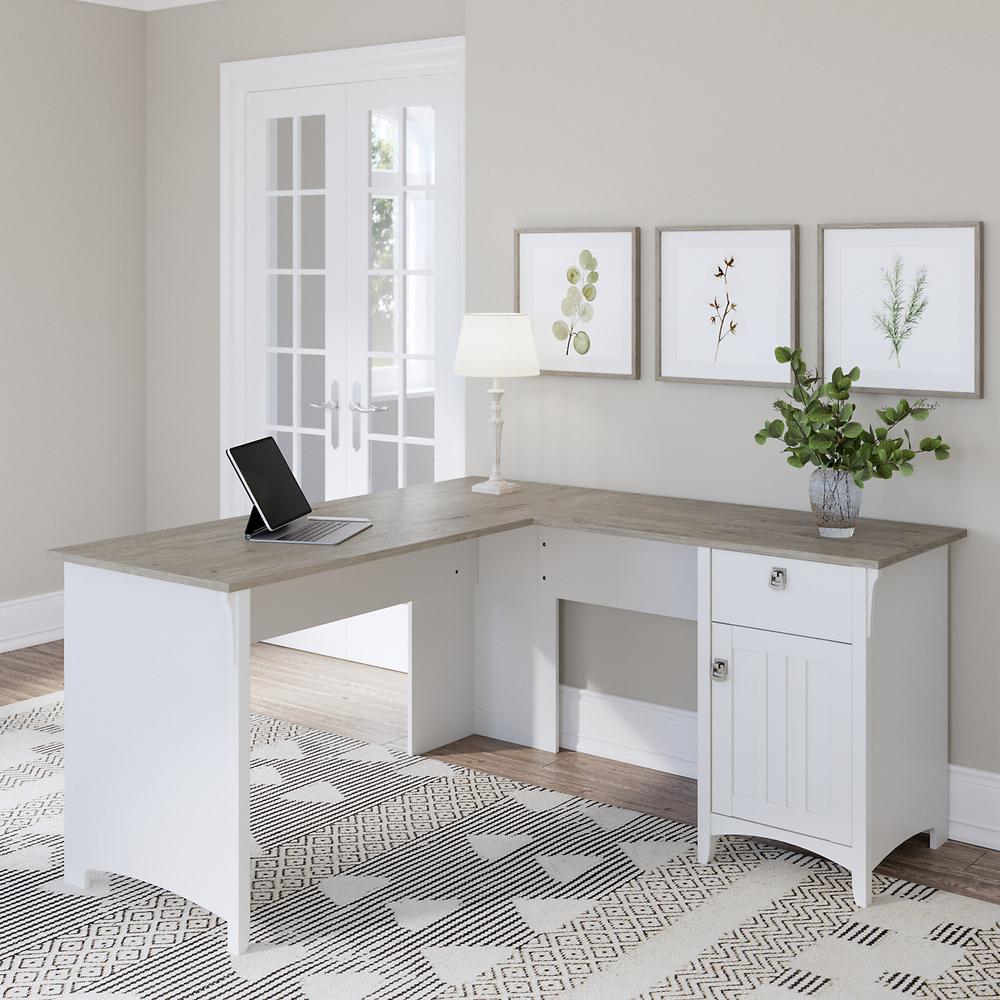 Bush Furniture Salinas 60W L Shaped Desk with Storage in Pure White and Shiplap Gray. Picture 2
