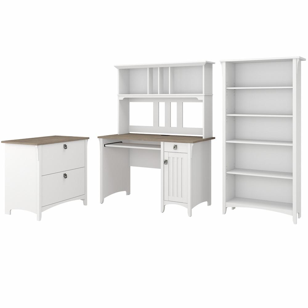 Desk with Hutch, Lateral File Cabinet and 5 Shelf Bookcase Shiplap Gray/Pure White. Picture 1