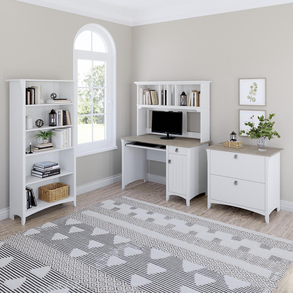 Desk with Hutch, Lateral File Cabinet and 5 Shelf Bookcase Shiplap Gray/Pure White. Picture 2