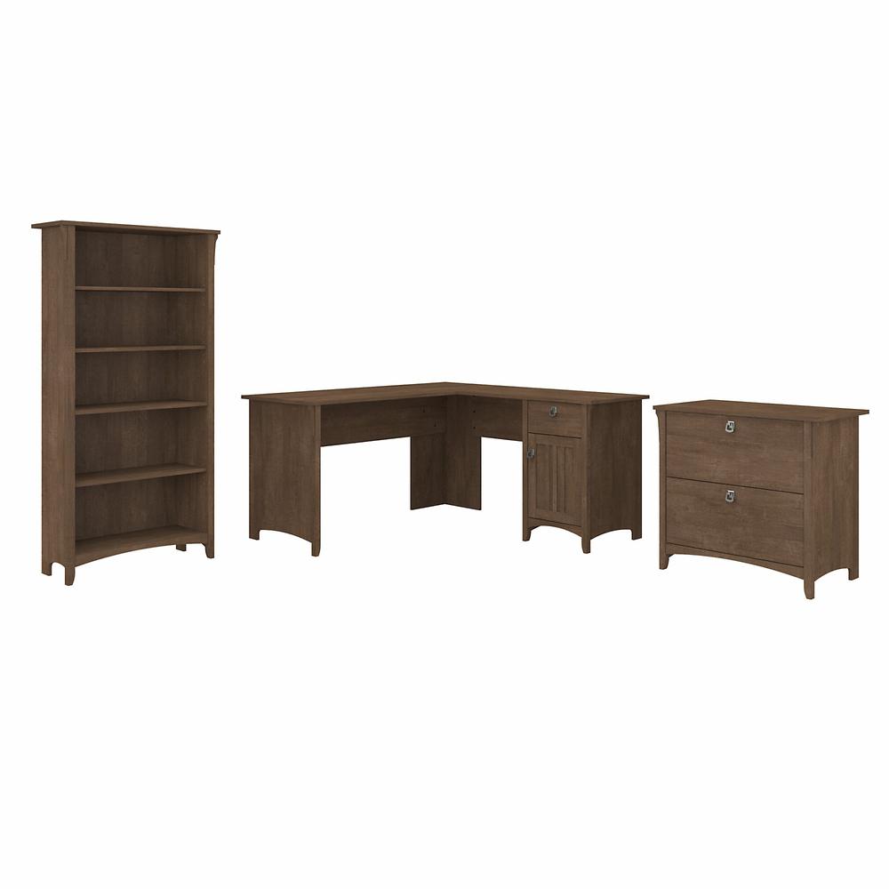 Bush Furniture Salinas 60W L Shaped Desk with Lateral File Cabinet and 5 Shelf Bookcase, Ash Brown. Picture 1