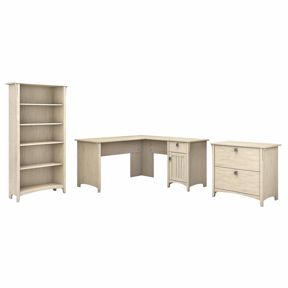 Bush Furniture Salinas 60W L Shaped Desk with Lateral File Cabinet and 5 Shelf Bookcase in Antique White. Picture 1